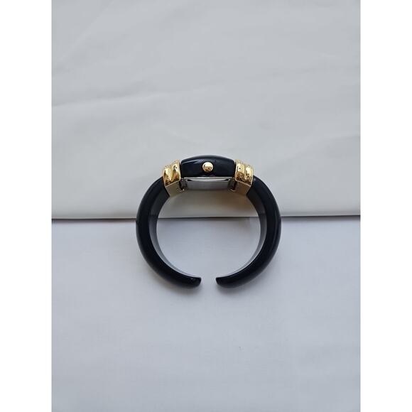 Gruen Womens Wrist Watch Black Hard Bracelet Band Gold Details White Face Quartz - Picture 2 of 7